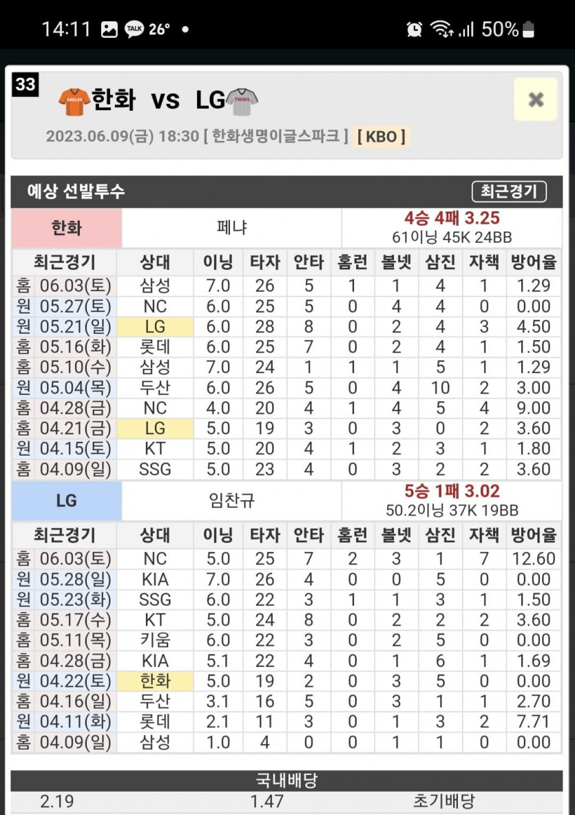 한화 vs LG