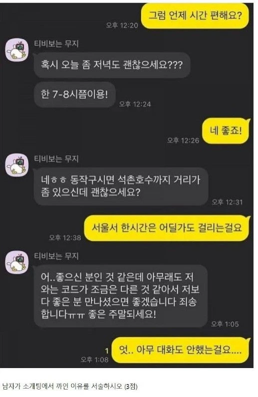  남자가 소개팅에서 까인 이유를 서술하시오